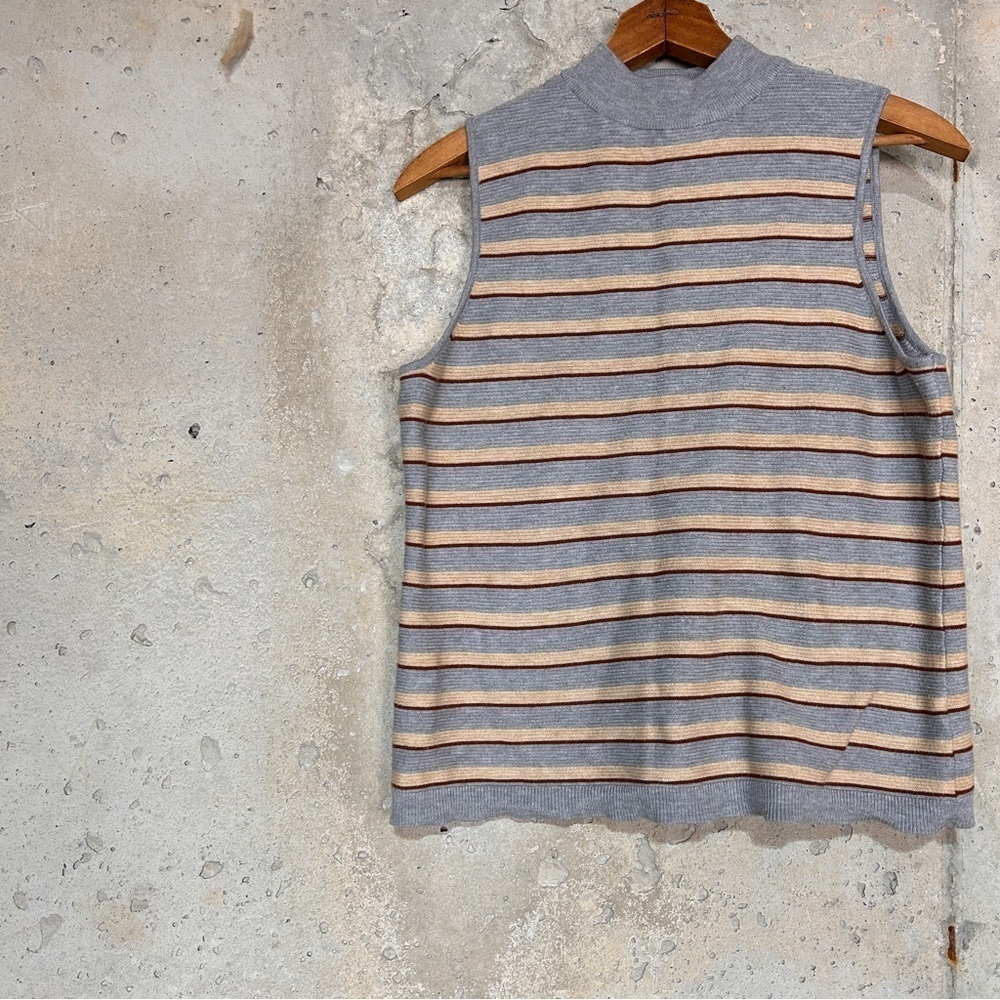 Cara Santana x Nine West ribbed grey tan brown striped sleeveless sweater xl